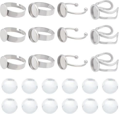SUNNYCLUE 40Pcs DIY 20 Sets Ring Blanks Adjustable Ring Base Blank Stainless Steel Ring Bezels Round Glass Cabochons Finger Ring Cabochon Settings...