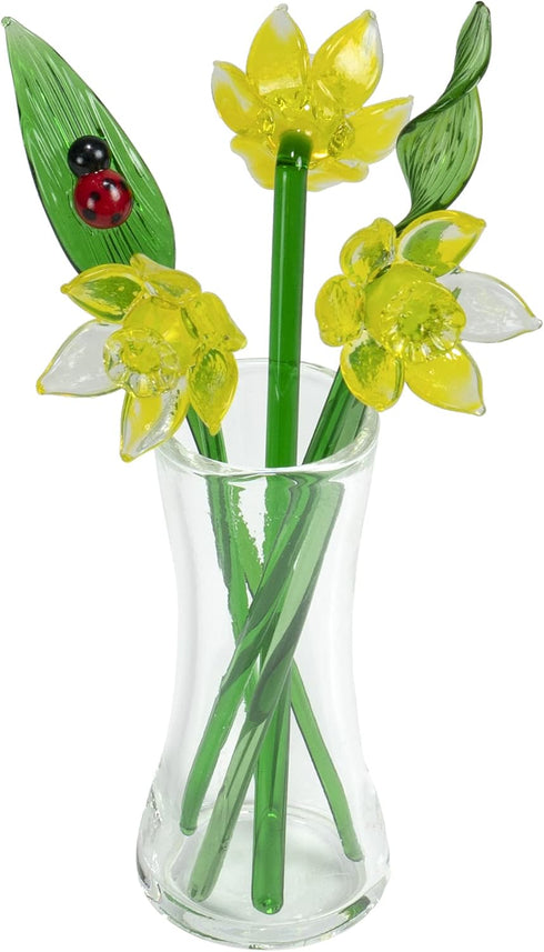 Red Co. Decorative Glass Lovely Flower Bouquet with Vase, Gift Boxed – Yellow Daffodils...