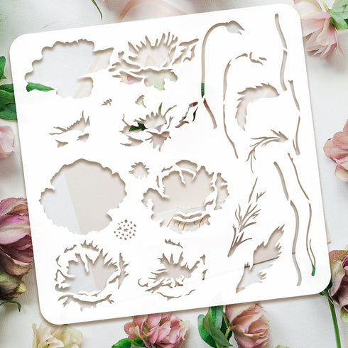 FINGERINSPIRE Layered Poppy Flower Painting Stencil 11.8x11.8 inch Reusable Poppy Wildflower Drawing Template DIY Craft Plant Floral Decoration St...