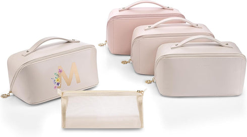 Vlando Travel Makeup Bag,PU Leather Portable Make up Bag Toiletry Bag for Women Open Flat Makeup Organizer with Divider and Handle White...