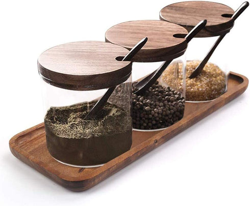 Hovico Condiment Container Seasoning Box Set, with Wooden Spoon Lid and Base, Salt Sugar Spice Pepper Condiment Container Jar Set of 3...