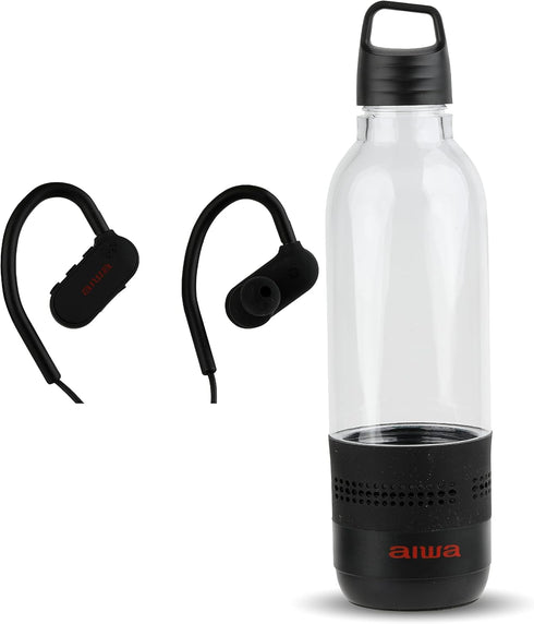 AIWA Water Bottle with Speaker and Earphone Bundle - 400ml Water Bottle with 4 Hour Playtime and Wireless Sports Earphones with Integrated Mic, 10...