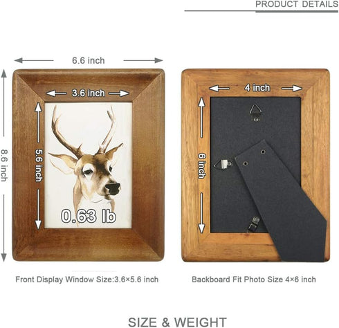 4x6 Wood Picture Frame with Glass Front,Rustic Handmade Burlywood Photo Frames for Table Top Display and Wall mounting...