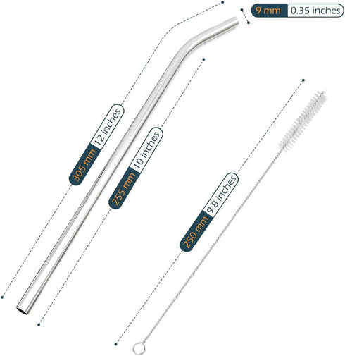 GFDesign Big Drinking Straws Reusable 12 Inches Extra Long 9mm Extra Wide SUS 304 Food-Grade 18/8 Stainless Steel - Set of 4 with 2 Cleaning Brush...