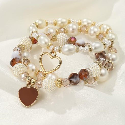 Bohemian Stackable Beaded Bracelets Set for Women Girl Multicolor Stretch Faux Pearl Heart Crystal Stretchy Bangles Multilayered Handmade Friendsh...