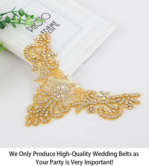 ShiDianYi Rhinestone Applique Crystal Pearl Beading Trim for Collar, Wedding Applique, Gold Wedding Sash...