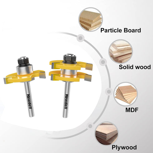 Newdeli Tongue and Groove Router Bit Set 1/4 Inch Shank - 2pcs Router Bits for 3/4" Stock, 1/2" Cutting Depth - T Shape 3 Teeth Wood Milling Cutte...