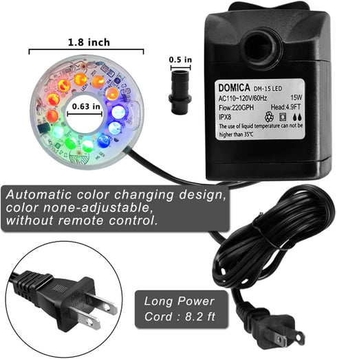 15W 220 GPH Submersible Fountain Pump with LED Light, Ultra Quiet Adjustable Water Pump (800L/H) for Water Feature, Hydroponics, Garden, Pond, Aqu...