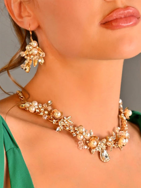Unicra Gold Crystal Bridal Wedding Jewelry Set Pearl Necklace Earrings Sets Rhinestone Formal Costume Jewelry for Women and Brides...