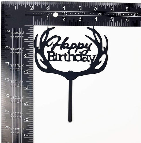 Antlers Happy Birthday Cake Topper Party Decorations (Black Acrylic)...