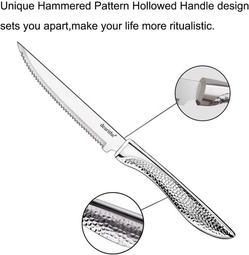 Steak Knives Set of 4, Stainless Steel Serrated Sharp Blade Flatware Steak Knife Set, Hammered Pattern Hollowed Handle,4.5 In,For Kitchen Restaura...