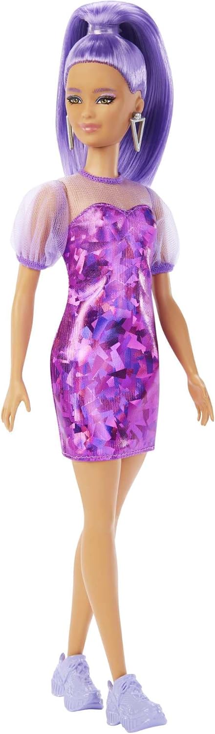 Barbie Fashionistas Doll, Petite, Long Purple Hair & Purple Metallic Dress, Sheer Bodice & Sleeves, Purple Sneakers, Toy for Kids 3 to 8 Years Old...
