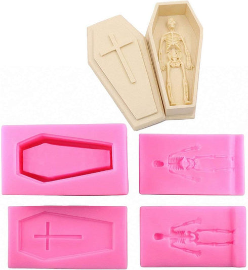 4Pcs/Set 3D Coffin with Cross & Skull Skeleton Fondant Molds, Halloween Theme Silicone Chocolate Gum Paste Mould, Halloween Cake Topper Decorating...