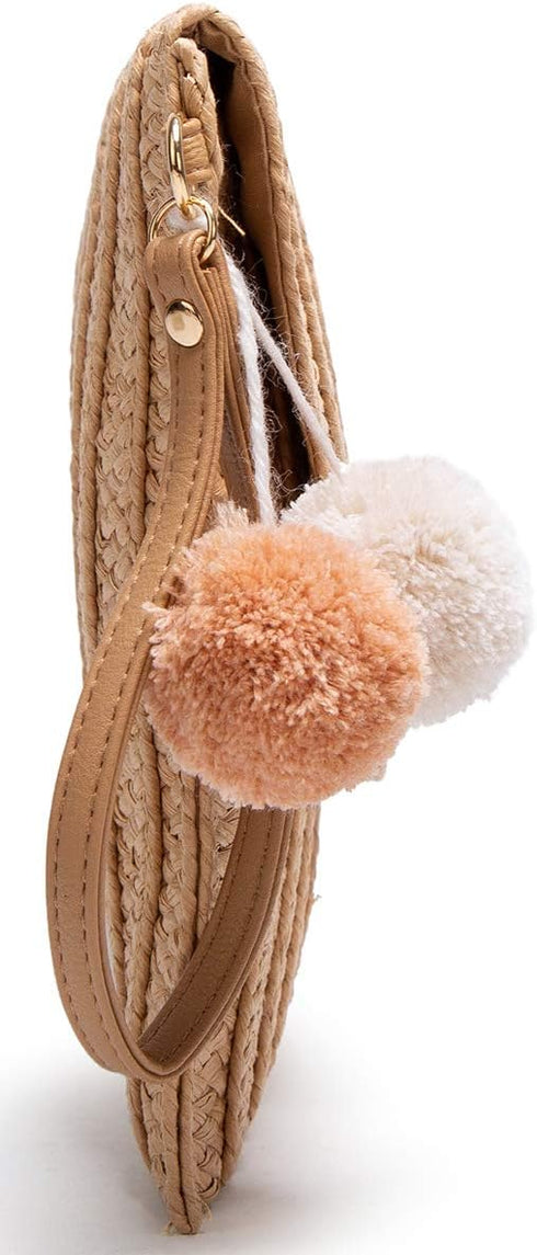Straw Shoulder Bag Straw Clutch Women Hand-woven PomPom Straw Crossbody Bag Summer Beach Envelope Purse Wallet...