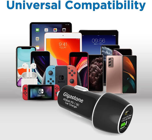 Gigastone USB C Car Charger 45W/6A Fast Car Charger Adapter, PD3.0 & QC3.0, Dual Port, Super Mini, Compatible with iPhone 15, 14,13,12,11,X,SE,8, ...