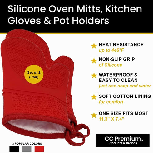 Oven Mitts Heat Resistant Silicone, Kitchen Gloves & Pot Holders, Cotton Lining, Non-Slip, Flexible, Durable, Easy Clean, Cooking, Baking, Grillin...