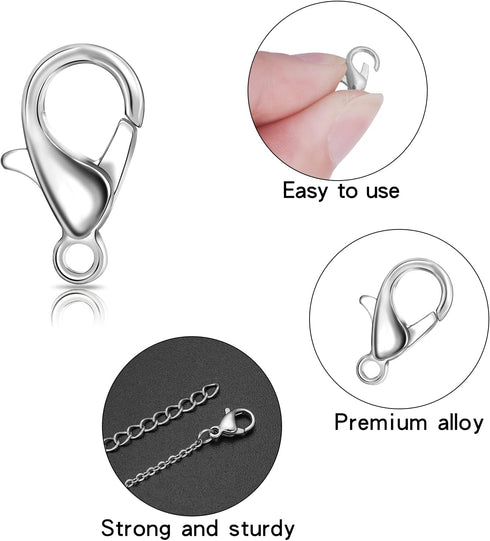 200 Pieces 12x6mm Rhodium Lobster Clasp Set Lobster Claw Clasps for Jewelry Making and Bracelets for DIY Craft Earring Necklace Bracelet Pendant C...