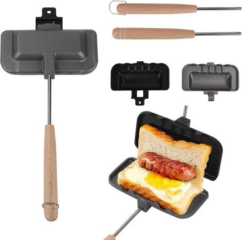 Breakfast Sandwich Maker, Double-Side Hot Dog Toaster, Nonstick Sandwich Baking Pan Hot Dog Bun Pan, Hot Campfire Sandwich Maker With Removable Ha...