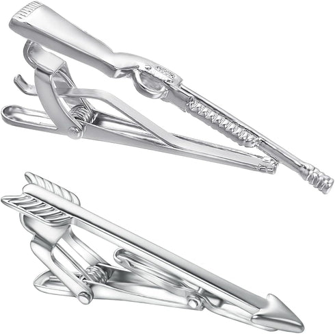 2Pcs Hunting Tie Clip Set for Men Unique Silver Gun Sword Arrow Tie Bar Personalized Fathers Day Birthday Jewelry Gift...