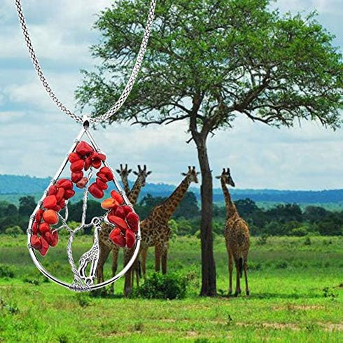 Zuo Bao Handmade Wire Wrapped Quartz Chips Tree Teardrop Pendant Necklace with Giraffe/Healing Jewelry Gift for Family (Garnet with Giraffe)...