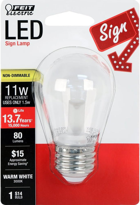 Feit Electric BPS14/SU/LED Non-Dimmable Led Bulb, 1.5 W, 120 V, 80 Lumens, 3000K, 1-1/2 in Dia X 3-1/4 in L, Warm White...