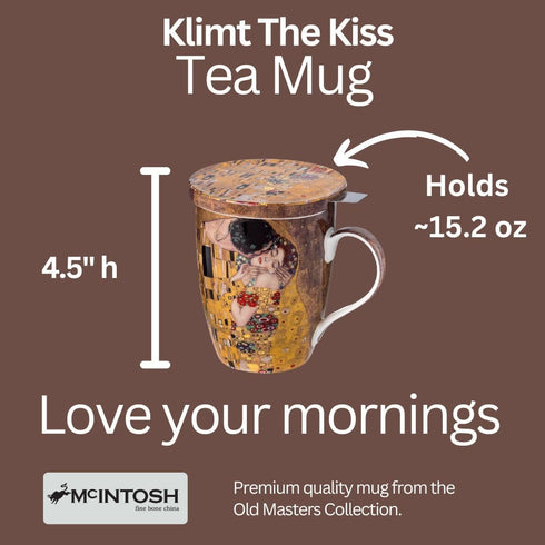 McIntosh Gustav Klimt The Kiss Fine Bone China (15 oz) Tea Mug with Infuser and Lid in Matching Gift Box...