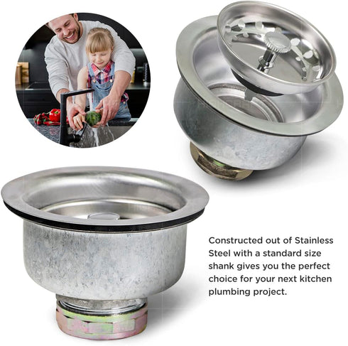 Highcraft 9737 Double Cup Kitchen Sink (3-1/2 Inch) Stainless Steel Drain Assembly With Strainer Basket and Rubber Stopper, 1 Count (Pack of 1)...