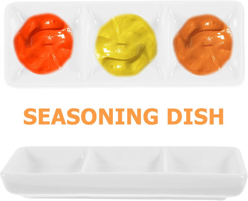 BESTonZON Ceramic Dipping Bowls, 3 Compartment Condiment Tray Hospitality Tray, Ceramic Dipping Sauce Dishes, 6 inch Dessert Platters Rectangular ...