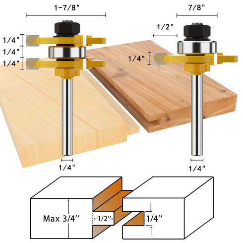 1/4 Inch Shank Matched Tongue and Groove Router Bit Set Wood Milling Saw New Woodworking Tools 3 Teeth T Shape Wood Milling- (2 Pack)...