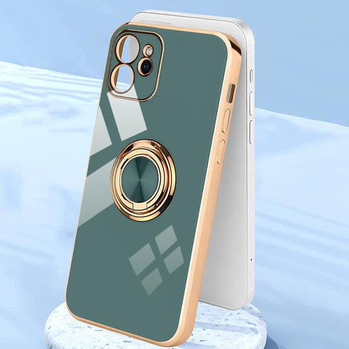 for iPhone 11 Phone Case with 360° Rotatable Finger Ring Holder Kickstand Magnetic Shiny Gold Plated Edge for Women Men Shockproof Soft TPU Protec...