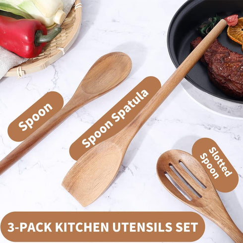Delicate Wooden Utensils For Cooking, Set of 3, Wood Kitchen Utensils Cooking Tools, 12 Inch Acacia Wooden Spoons Spatula Set, Cooking Gadgets Saf...