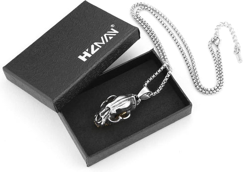 HZMAN Men's Punk Pendant Necklace, Gothic Stainless Steel Openable Sabertooth Tiger Skull Jewelry...