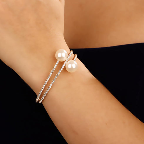 YERTTER Dainty Rhinestone 1920s Silver Gold Fake Pearl Open Bangle Bracelet Wedding Sparkly Layered Wrap Cuff Bangle Bracelet Adjustable Pearl Bra...