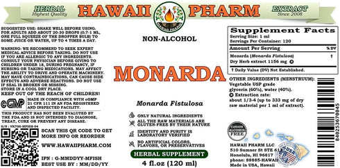 Hawaii Pharm Monarda Alcohol-FREE Liquid Extract, Monarda (Monarda Fistulosa) Dried Herb Glycerite Natural Herbal Supplement, USA 2 oz...