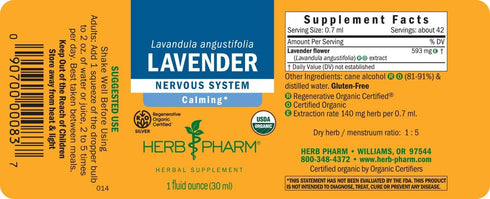 Herb Pharm Certified Organic Lavender Flower Liquid Extract for Calming Nervous System Support, 1 Fl Oz...