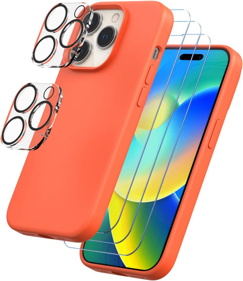 Trianium [6 in 1 Designed for iPhone 14 Pro Max Case Silicone (Orange), with 3 Pack Screen Protector + 2 Pack Camera Lens Protector, Bundle Protec...