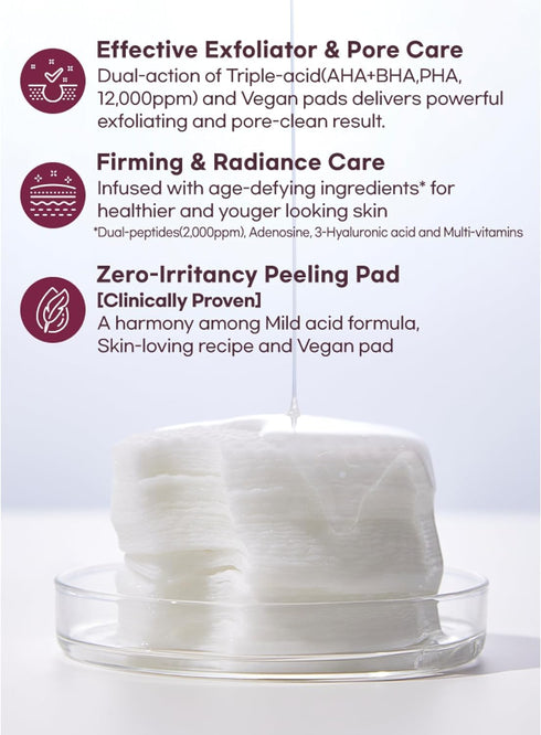 Korean Face Skin Care Exfoliating Pads 60pcs - Anti Aging & Rejuvenating with Peptide Amino Acid Gentle Peel Facial Pads...
