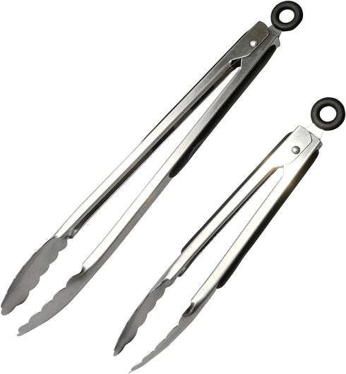 ALLTOP Metal Cooking Tongs,Stainless Steel Food Tong with No-slip Silicon and Locking Ring for Kitchen - 9 &12 inch,Set of 2-Black...