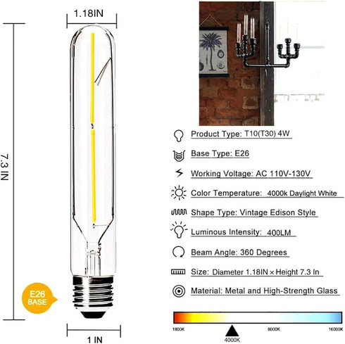 Dimmable 4W LED Tube Bulbs 4000K Daylight White, T10 Tubular Edison Style LED Filament Bulb, Vintage Light Bulbs 40 Watt Equivalent,E26 Medium Bas...