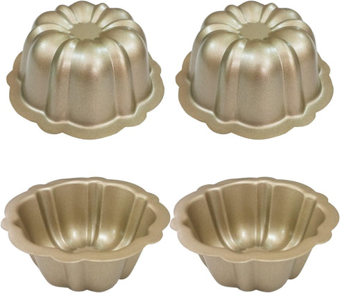 Carbon Steel Mini Bundt Cake Pans, 4 Inch Metal Nonstick Fluted Cake Pan, 4Pcs Kugelhopf Mould for Baking Buntcake Bundtlet Bavarois Cupcake Brown...