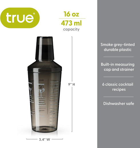 True Smoke Tinted Plastic Cocktail Shaker with Measurements, Includes 6 Recipes, Mixed Drink Shakers Cocktail, Bartending, Barware Tools, 16oz...