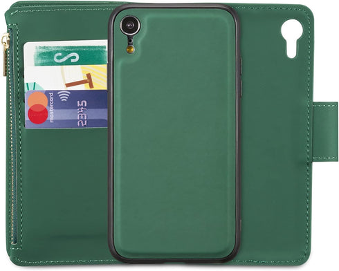 EYZUTAK Case for iPhone XR, Glossy PU Leather 9 Card Slots Magnetic Closure Detachable Wrist Strap Zipper Wallet Shockproof Removable Back Cover C...