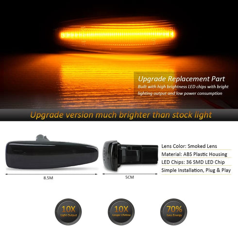D-Lumina LED Side Marker Light Assembly Smoked Lens Sequential Blink Amber for Mitsubishi Lancer Evolution X Mirage Outlander Sport Front Fender S...