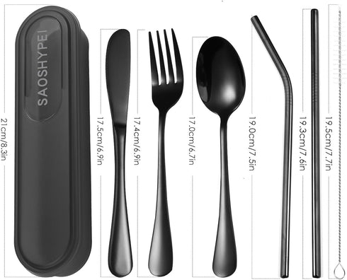Portable Utensils Set with Case, 4pcs Stainless Steel Reusable Silverware for Lunch Camping School Picnic Workplace Travel, Lunch Box Includ Fork ...