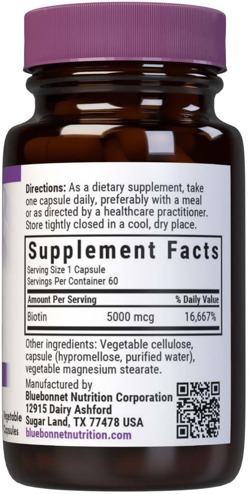 Bluebonnet Nutrition Biotin 5000 mcg, Hair & Nail Support*, Non-GMO, Vegan, Kosher Certified, Gluten-Free, Soy-Free, Dairy-Free, 60 Vegetable Caps...