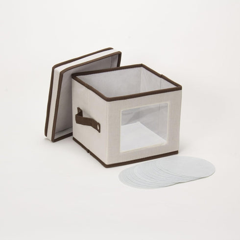 Household Essentials 534 Dinnerware Storage Box with Lid and Handles | Chest for Salad Plates | Natural Canvas with Brown Trim...