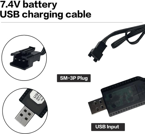 7.4V USB Charger Cable with SM-3PIN Plug Compatible RC Car RC Plane RC Tank RC Boat and Other Remote Control Toys for Universal 7.4V Lipo Battery ...