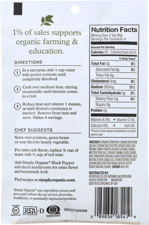 Simply Organic Mushroom Sauce Mix, Certified Organic, Vegetarian, Gluten-Free | 0.85 oz | Pack of 3...