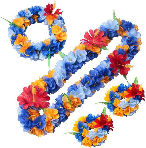 Hawaiian Luau Flower Leis Jumbo Necklace Bracelets Headband Set Mahalo Floral Leis (Blue and Orange)...