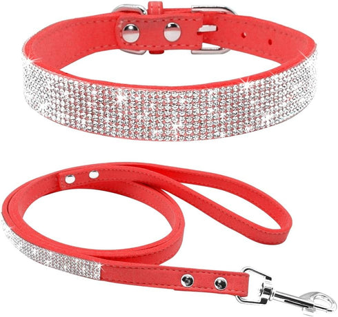 Cute Dazzling Sparkling Elegant Fancy Soft Suede Leather Bling Rhinestone Crystal Jeweled Pet Cat Dog Puppy Collar Dog Leash Combo Set(Red,XXS)...